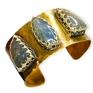 Blue Labradorite Chunky Sterling Silver Textured Brass Statement Cuff Bracelet